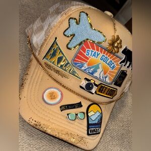 Custom Beige Cap Check board back-with Adventure Patches + a beaded hat band